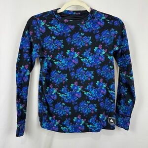 Burton Youth Girls Sz 8 Black Blue Floral Long Sleeve Fleece Base Layer Shirt